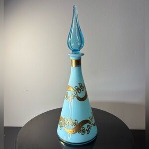 Miniature Empoli Genie Bottle Blue Cased Glass 18k Gold Design W/ Stopper MCM